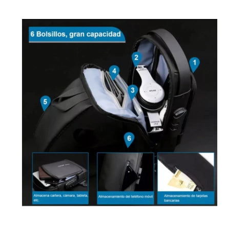 Mochila Pechera Antirrobo Puerto Usb 2x1